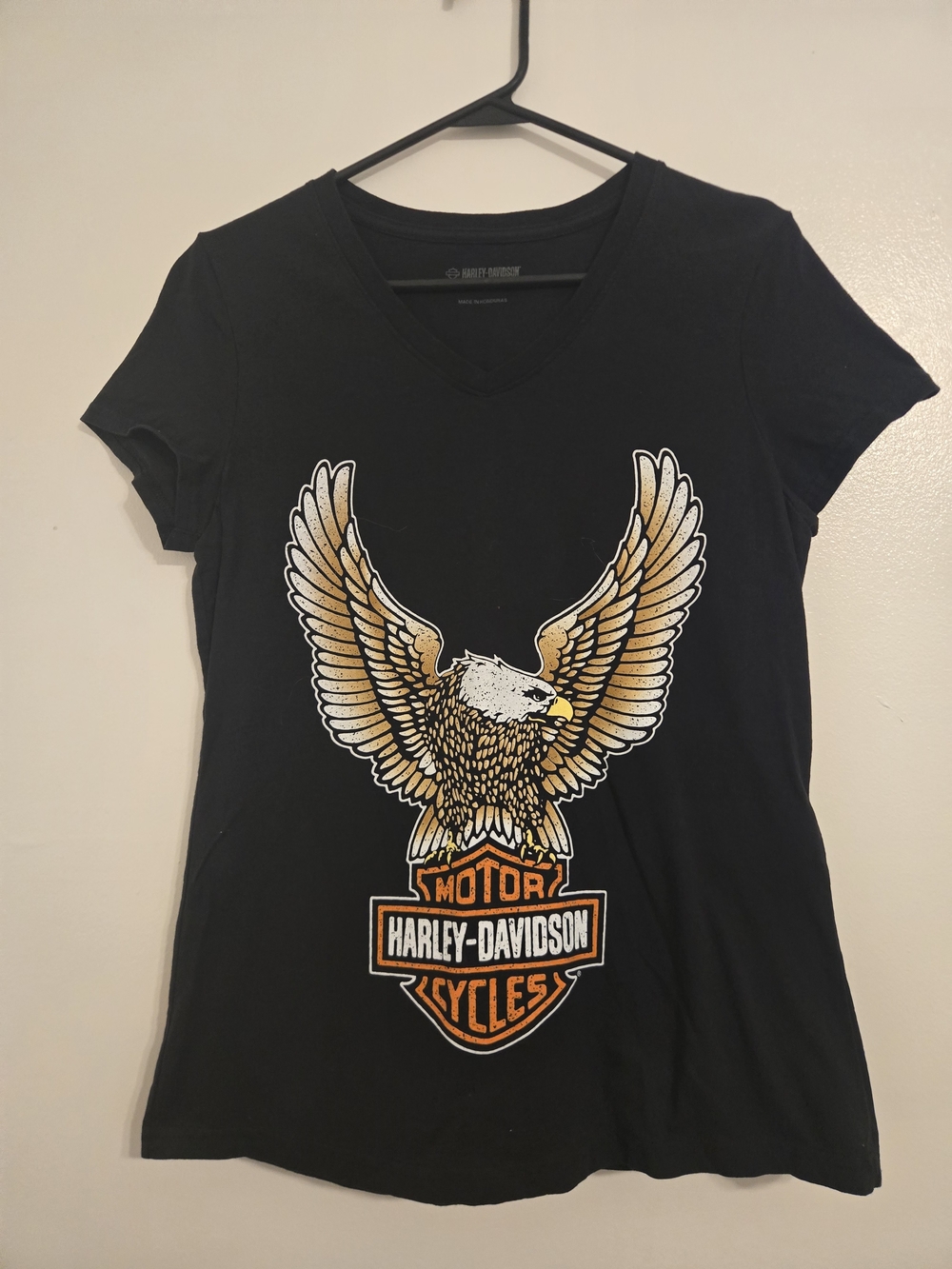 Harley-Davidson Black V-Neck Tee with Gold and Orange Eagle Graphic